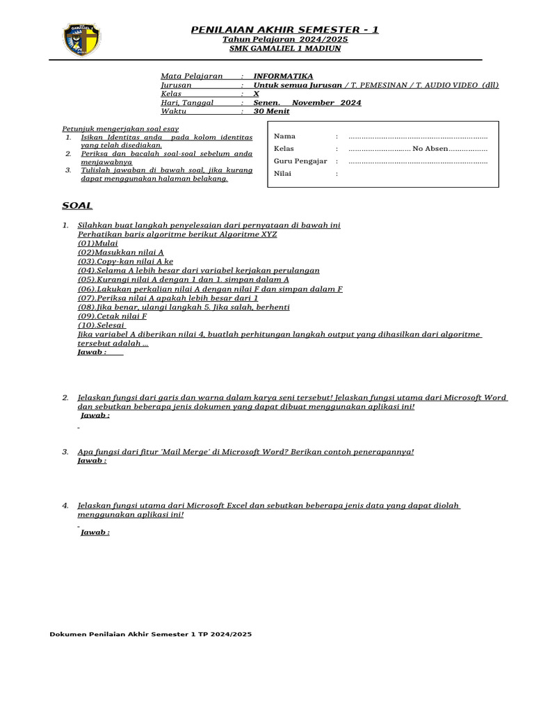 Form Soal Esay Pas Informatika Sm1 | PDF