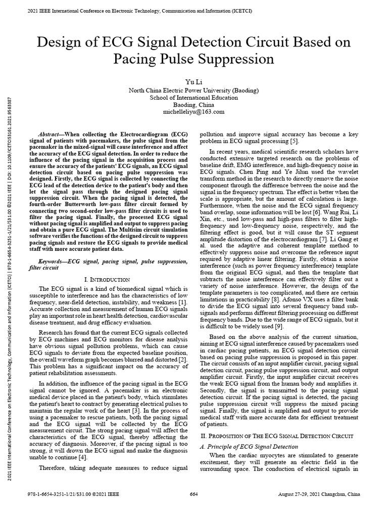 Design of ECG Signal Detection Circuit Based on Pacing Pulse ...
