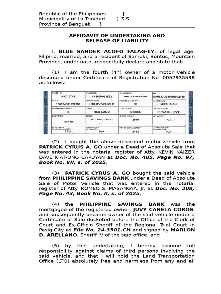 LTO Undertaking and Release of Liability | PDF | Affidavit | Transport