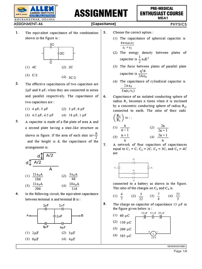 Assignment-46 MEA1 Physics Capacitance-1 SC | PDF | Capacitance | Capacitor