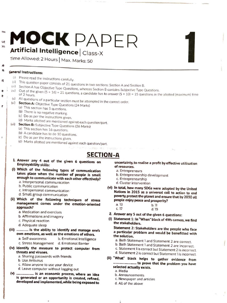 Mock Paper Artificial Intelligence Class X Ai-417 | PDF | Artificial ...