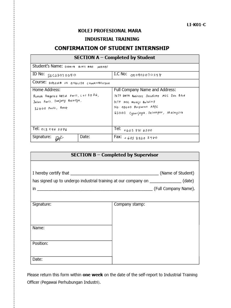 LI-K01-C - Confirmation of Student Internship | PDF