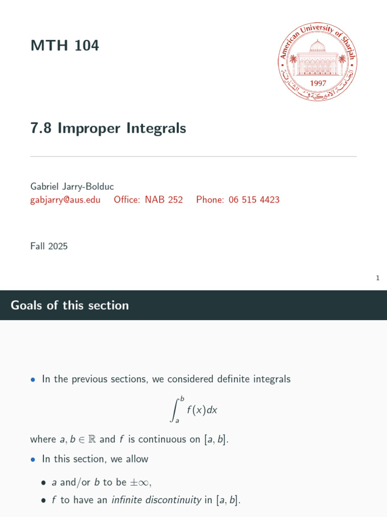 MTH104 Spring 2026-7-8 Improper Integrals | PDF | Area | Complex Analysis