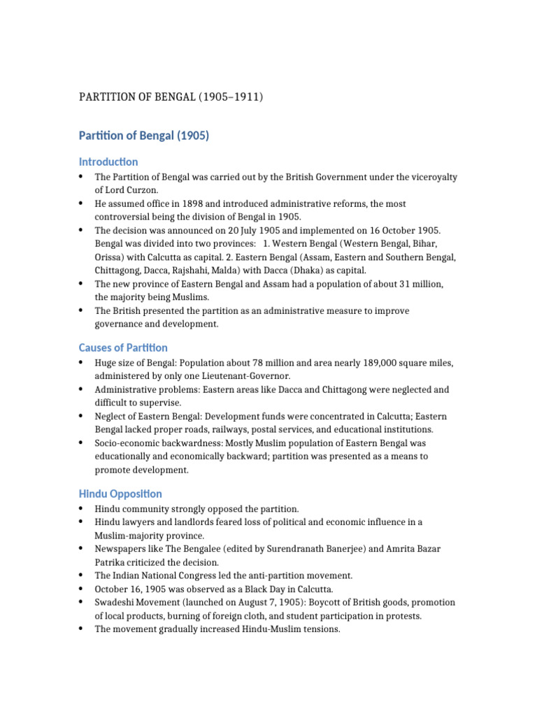 M Partition of Bengal Notes | PDF | Partition Of India | Bengal