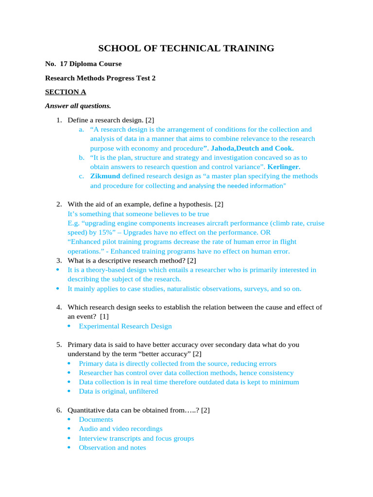 Research Methods Progress Test 2 Marking Scheme | PDF | Sampling ...