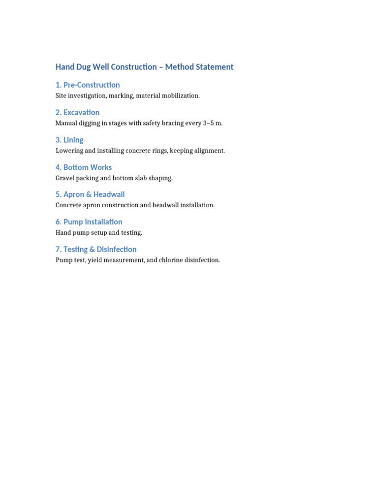 Hand Dug Well Method Statement | PDF