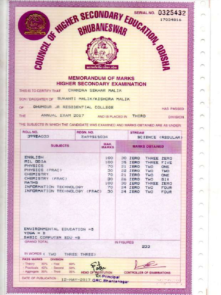 +2 Mark Sheet | PDF