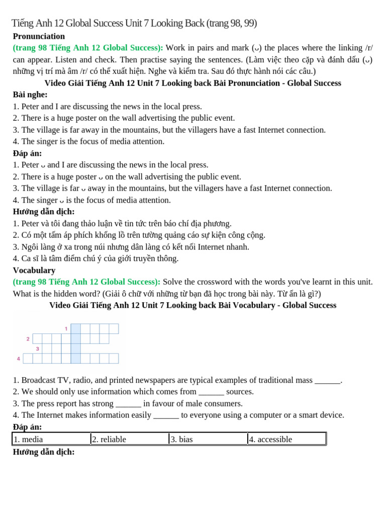 Tiếng Anh 12 Global Success Unit 7 Looking Back | PDF