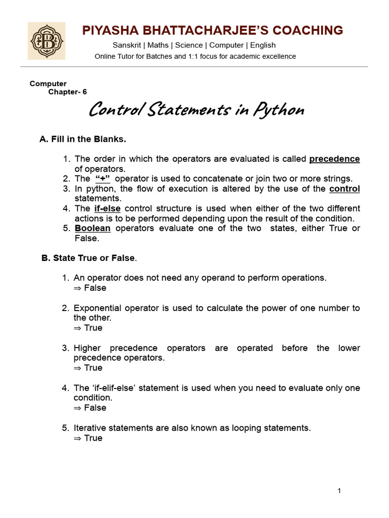 Chapter-6 Control Statements in Python (EXERCISE) | PDF | Control Flow ...
