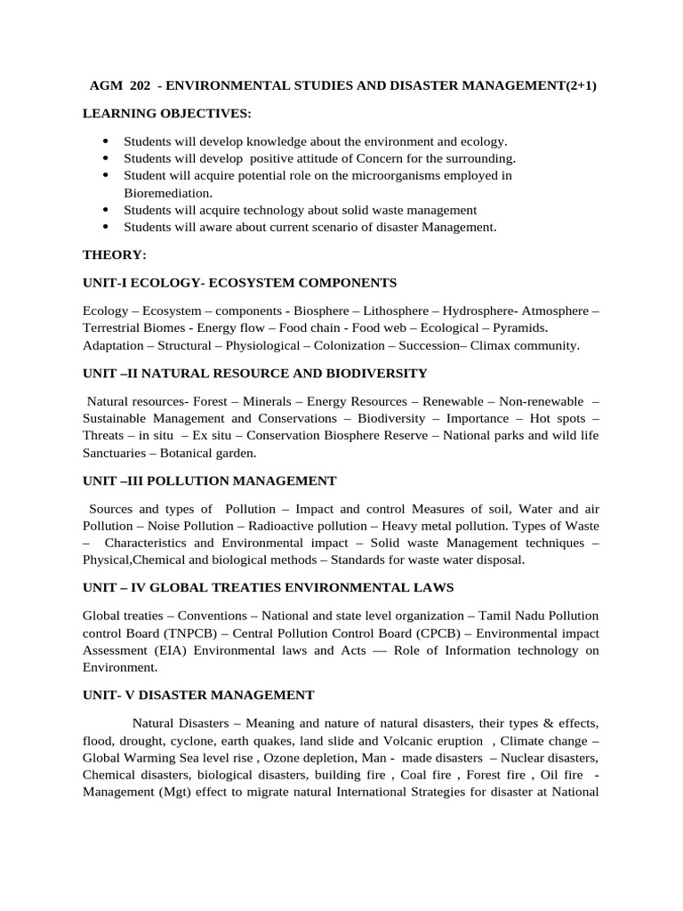 Agm 202 - Environmental Studies and Disaster Management (2+1) | PDF ...