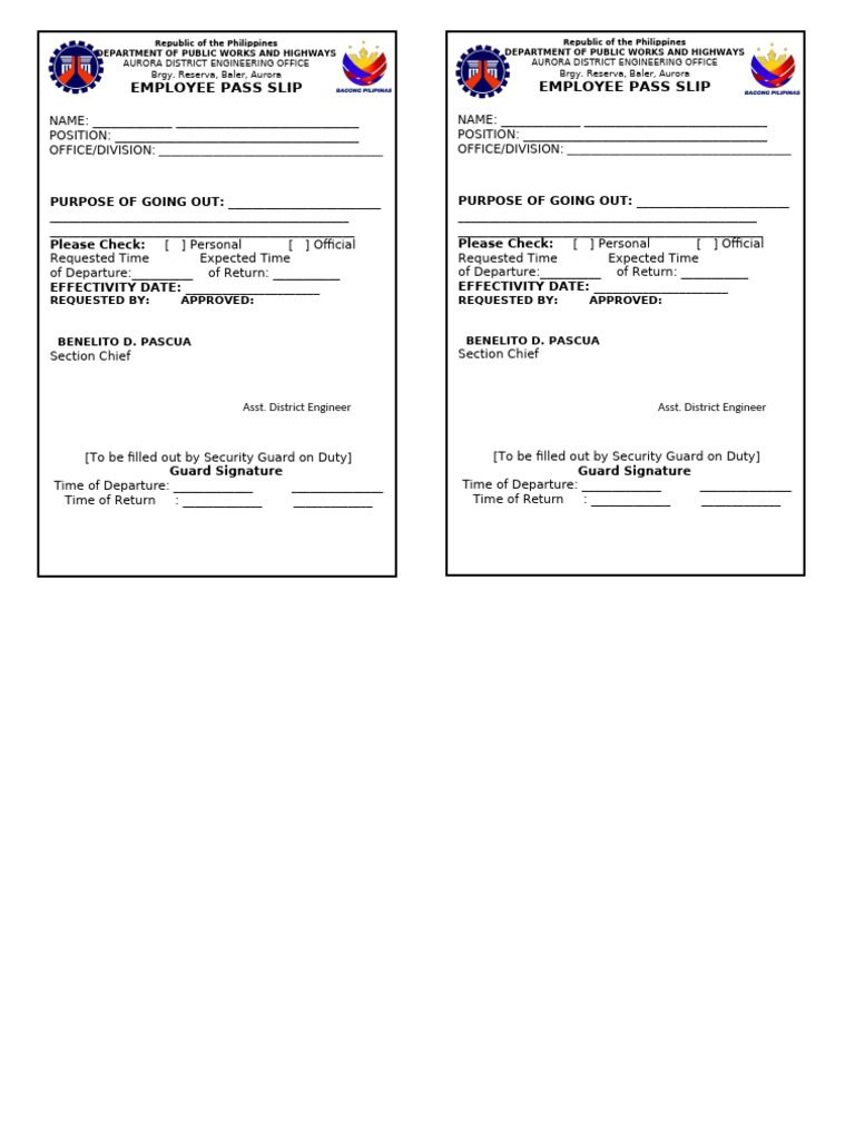 Employee PASS SLIP 4mat | PDF | Philippines | Infrastructure
