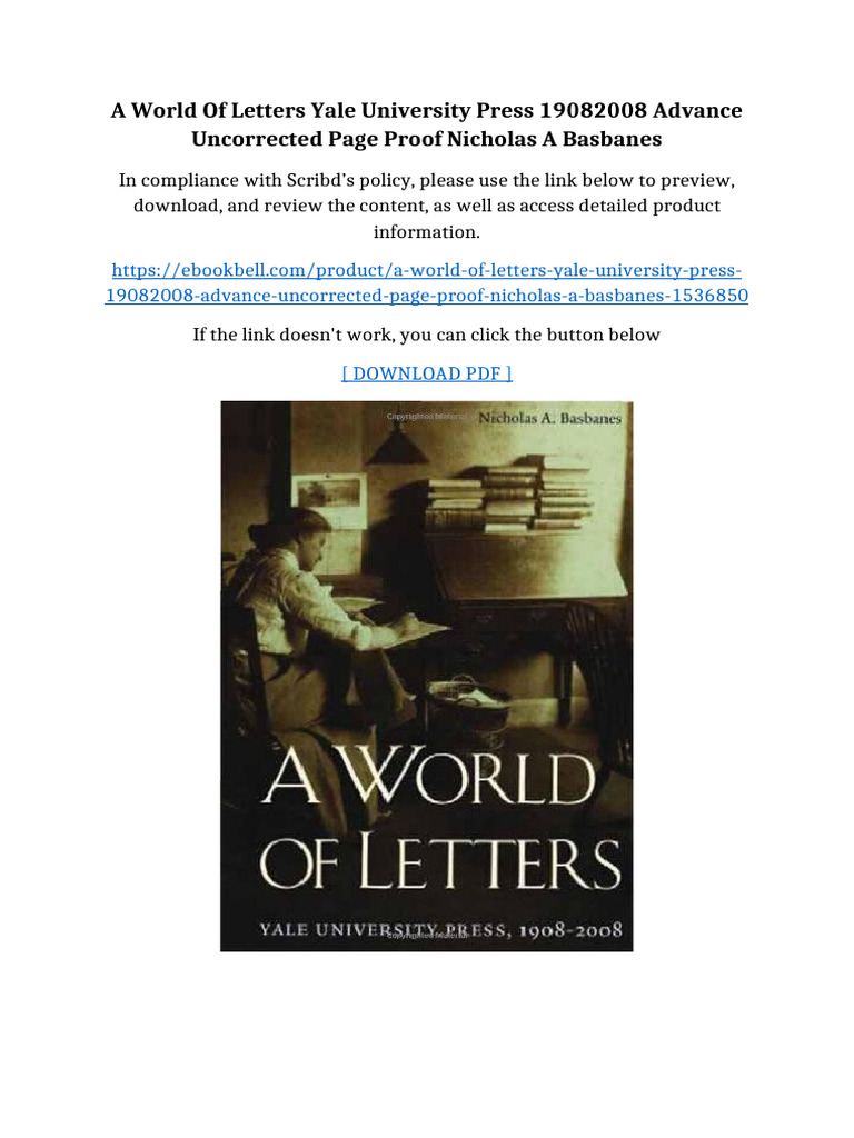 A World Of Letters Yale University Press 19082008 Advance Uncorrected ...