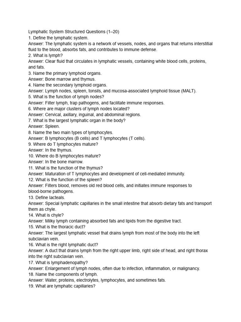 Lymphatic System Structured Questions | PDF | Lymphatic System | Lymph Node
