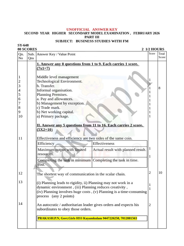 Hsslive Xii Model Key Bs Feb 2026 Prakash | PDF | Dividend | Recruitment