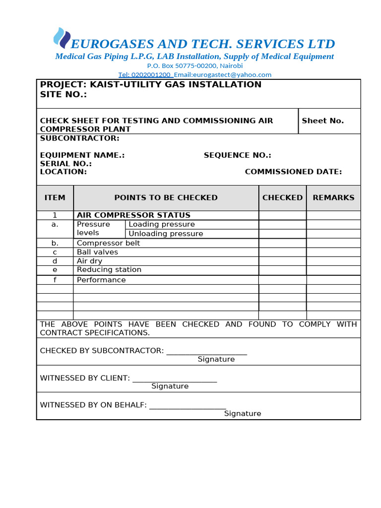 Check Sheet For Testing and Commissioning Air Compressor Checklist | PDF