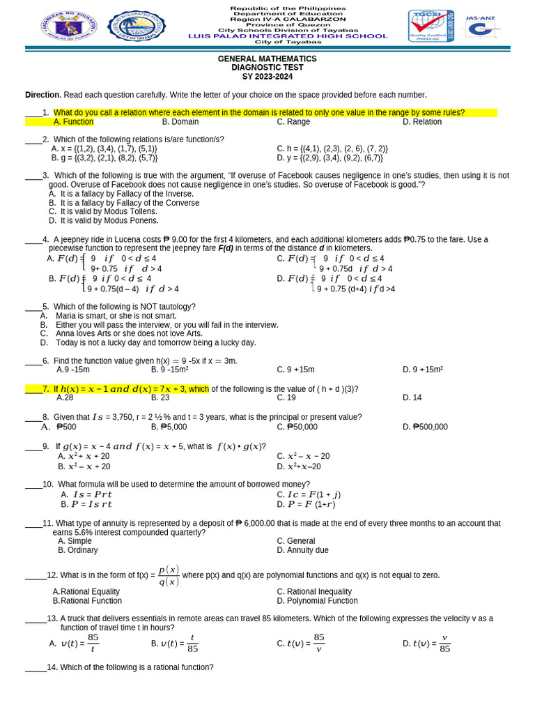 General Mathematics-diagnostic Test | PDF | Function (Mathematics ...