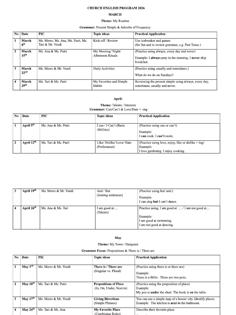 (March - May) Church English Program 2026 | PDF