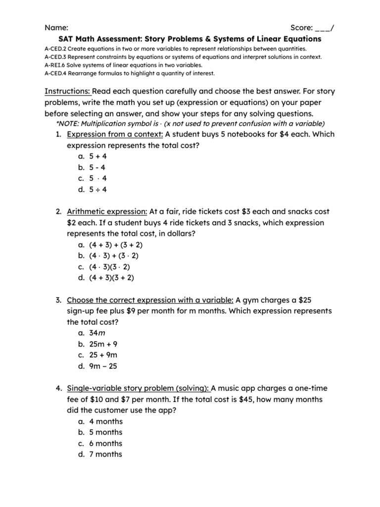 SAT Math Assessment_ Story Problems & Systems of Linear Equations ...