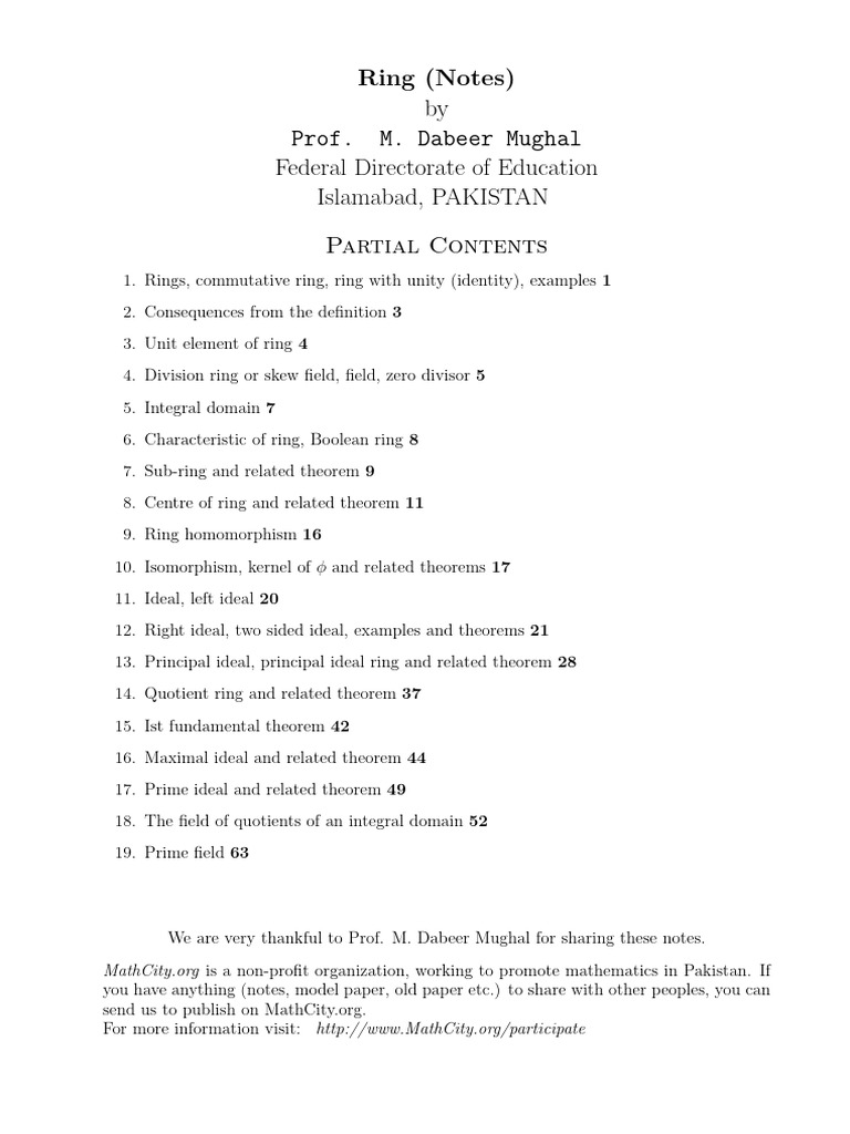 Ring Notes Prof m Dabeer Mughal | PDF | Ring (Mathematics) | Field ...