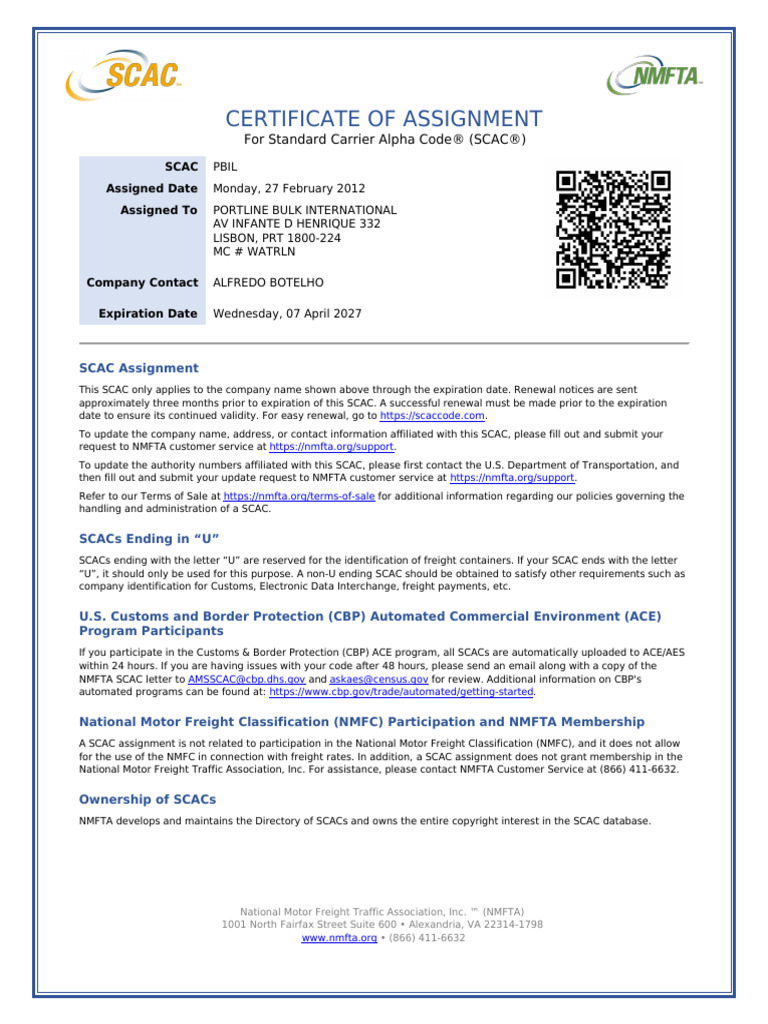 Certificate of Assignment Standard Carrier Alpha Code (SCAC) | PDF ...