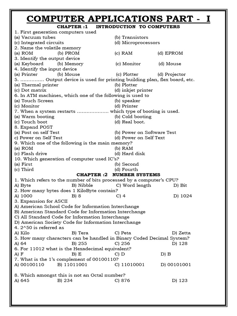 Namma Kalvi 11th Computer Application Part i - 1 Mark Questions | PDF ...
