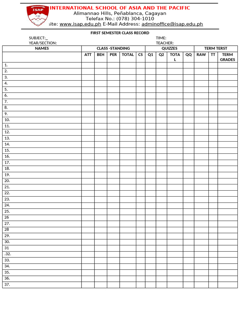 First Semester Class Record Isap | PDF