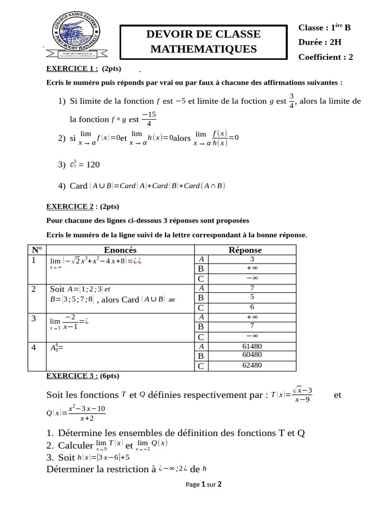 Devoir 1ère B Ok | PDF
