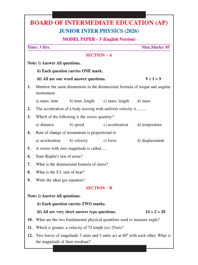 Physics Model Paper-3 | PDF