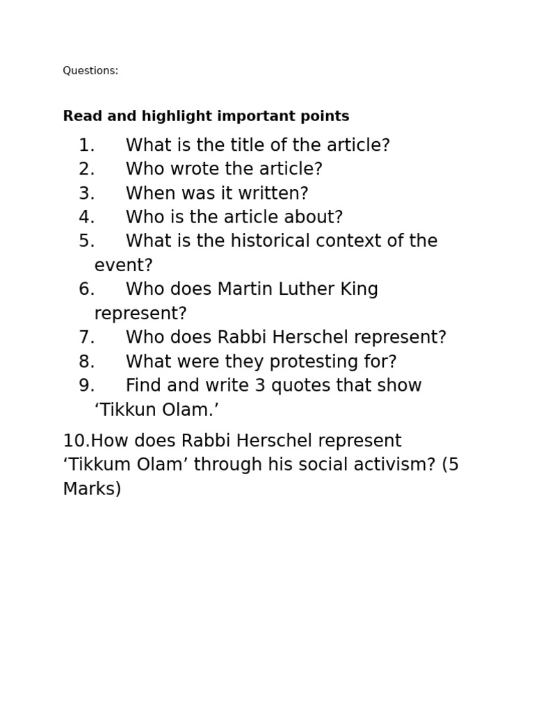 Questions For Tikkun Olam Article | PDF