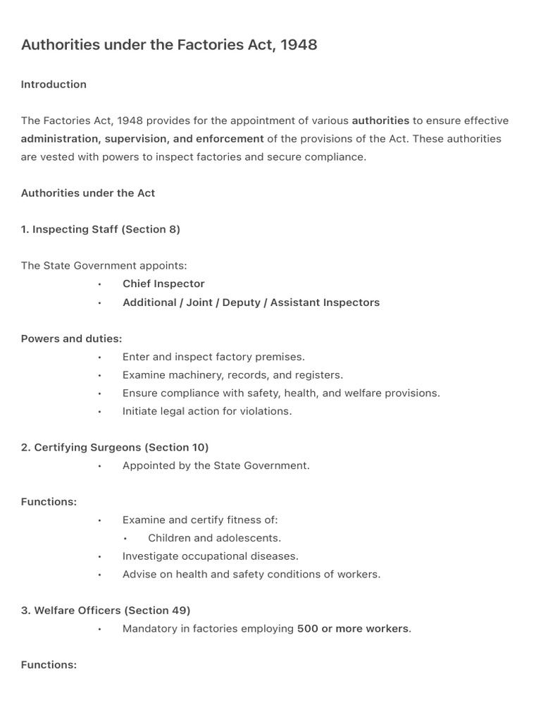 Authorities Under The Factories Act, 1948 | PDF | Occupational Safety ...