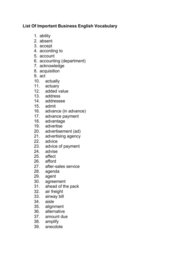List of Important Business English Vocabulary | PDF | Business | Economies
