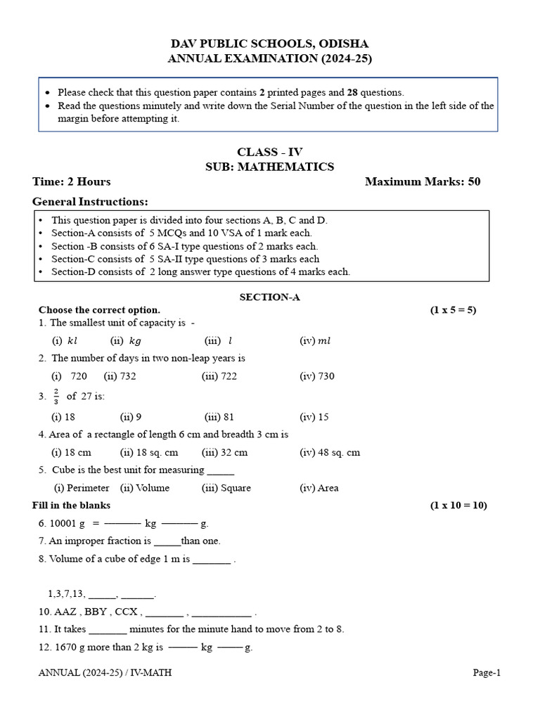 Iv - Mathematics Question Paper | PDF | Length