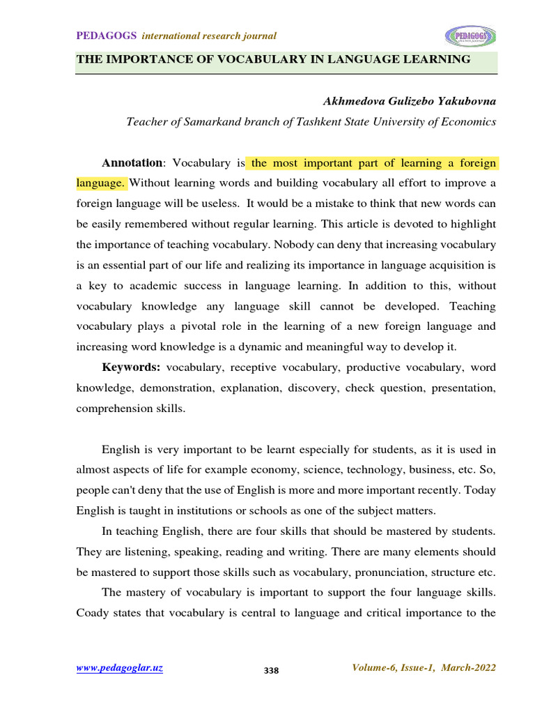The Importance of Vocabulary in Language | PDF | Vocabulary | Reading ...