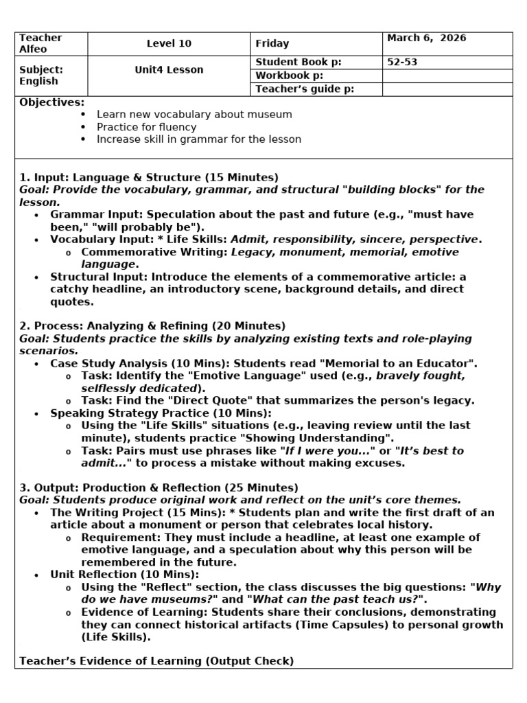 Level 10-March 2026 - 1st. Week Lesson Plan | PDF | Learning | Fluency