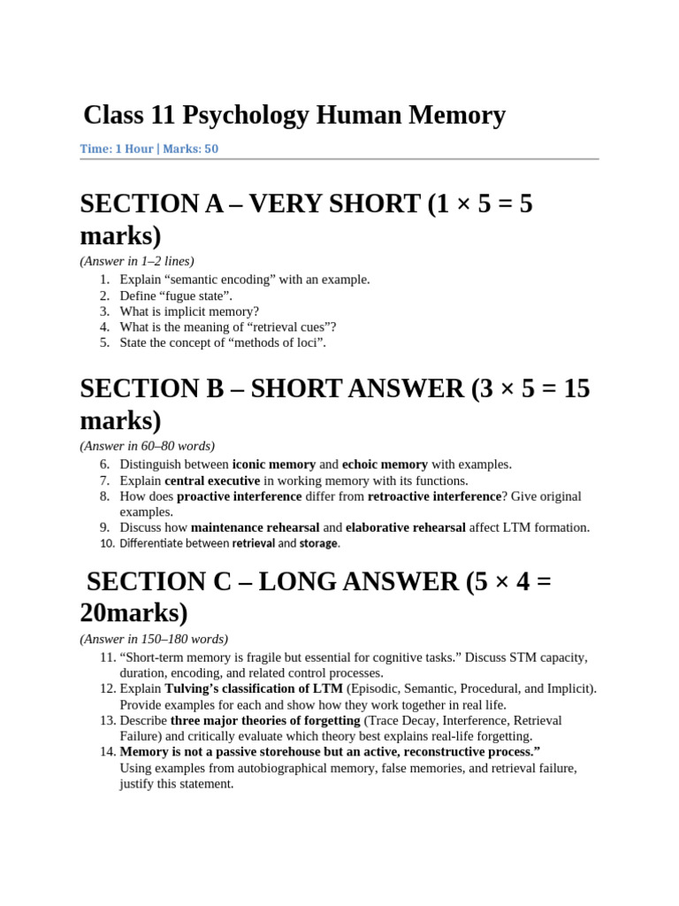 Class 11 Psychology Human Memory TEST | PDF | Memory | Recall (Memory)