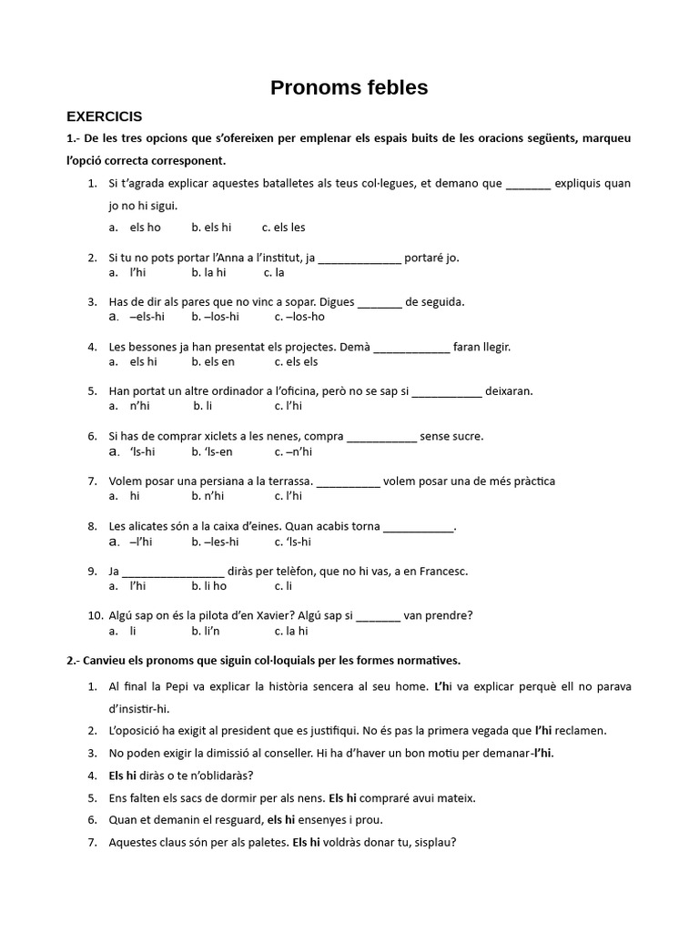 Exercicis Pronoms Febles | PDF
