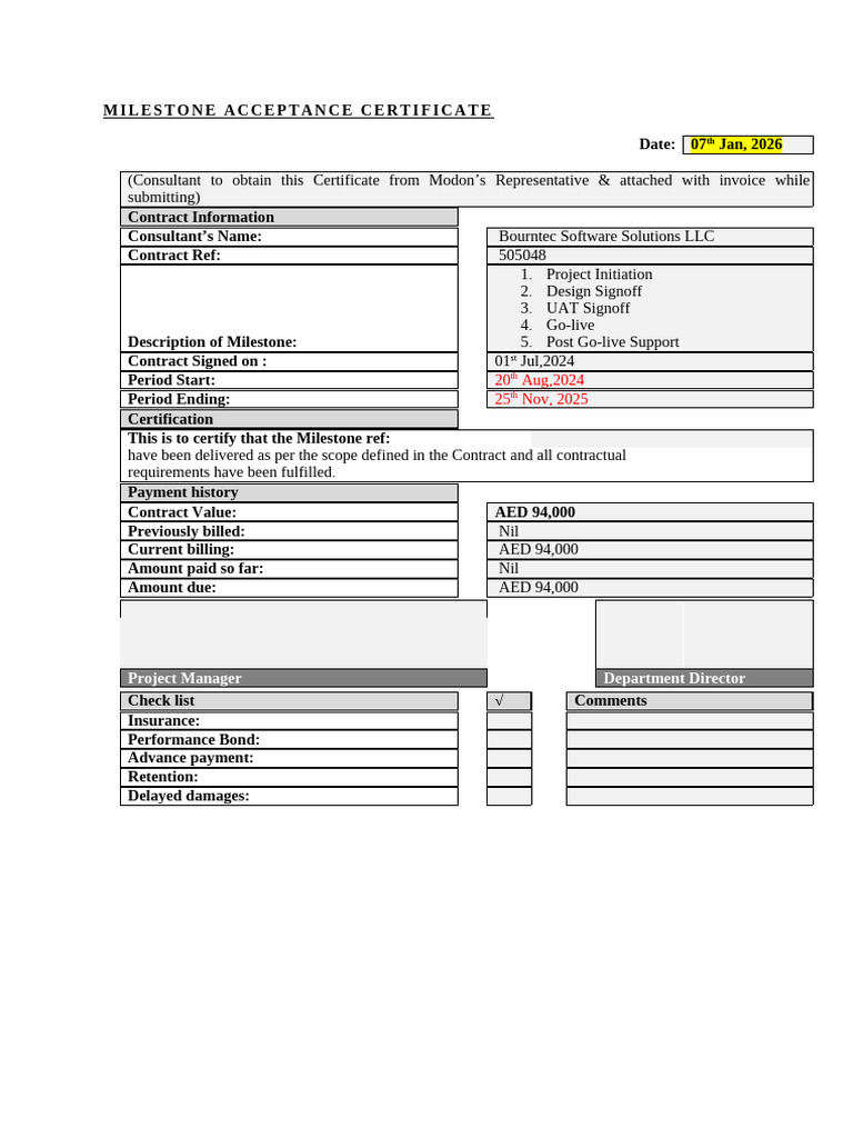 Milestone Acceptance Certificate Template | PDF
