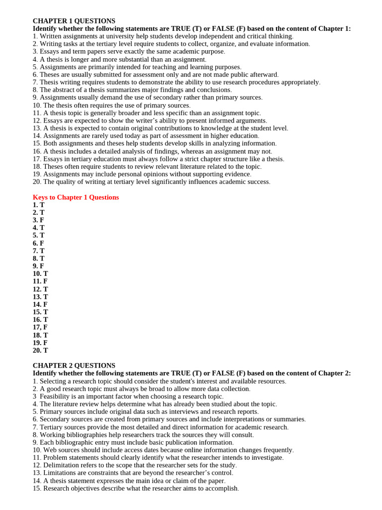 Chapters 1-9 Questions (Key)_1 | PDF | Qualitative Research | Thesis