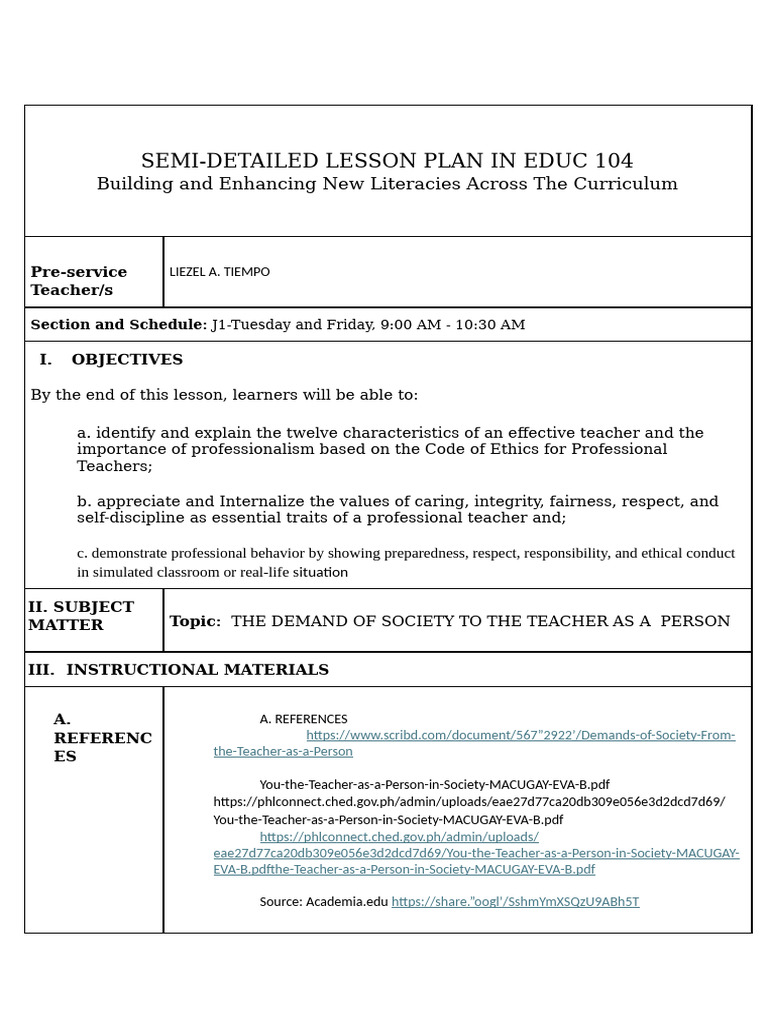 Semi-Detailed Lesson Plan in Educ 104-6 | PDF | Teachers | Lesson Plan