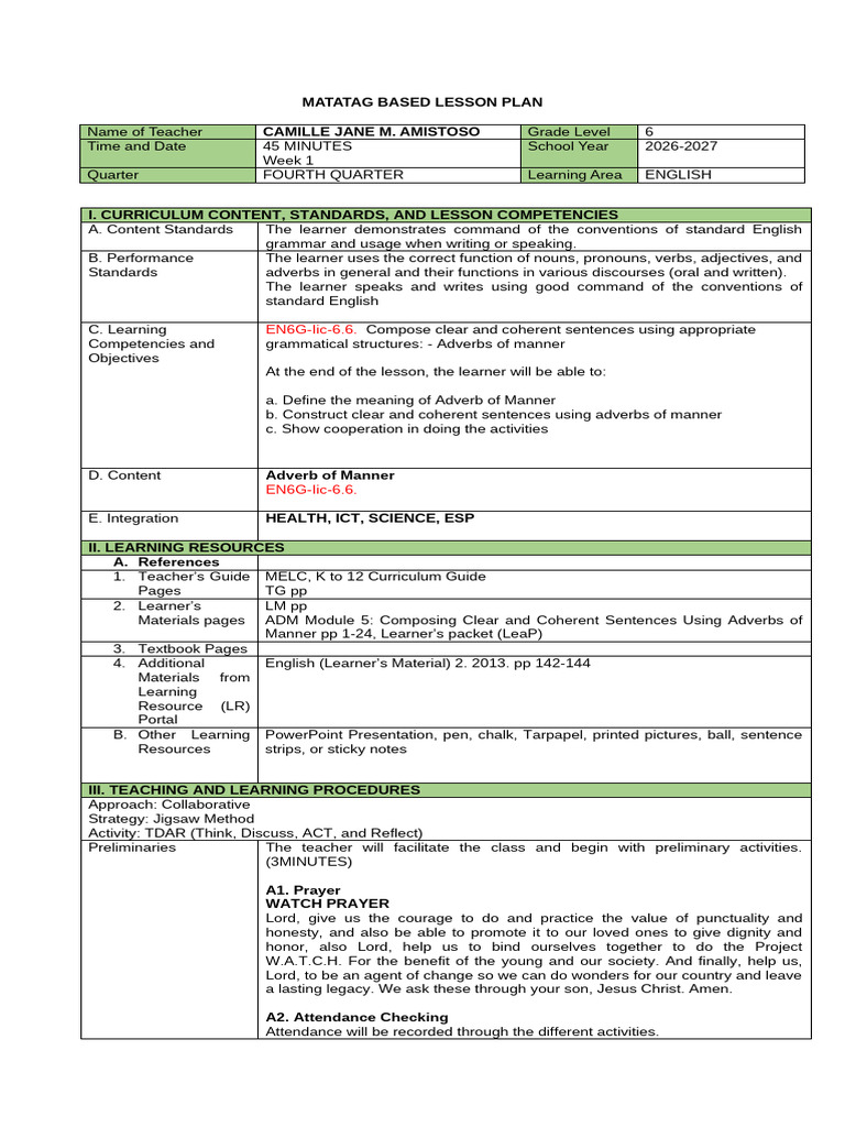 Grade 6 English Matatag Based Lesson Plan | PDF