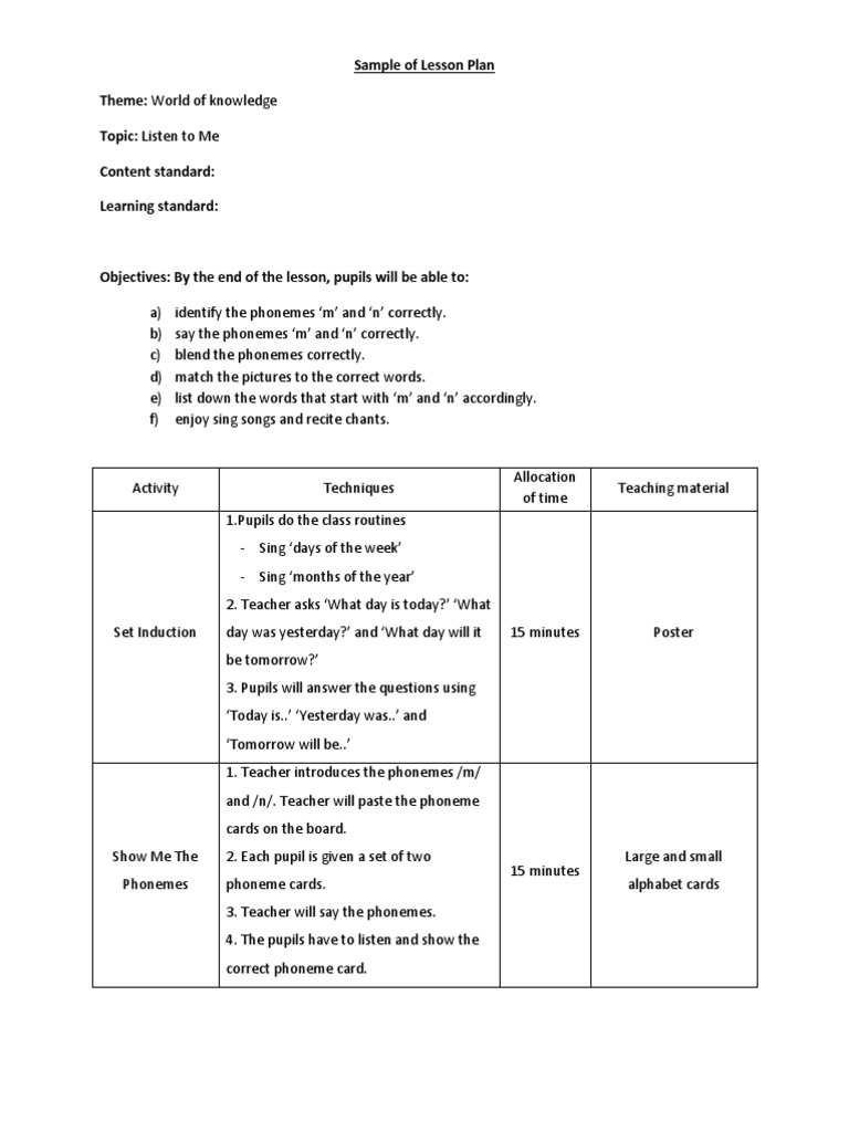 Phoneme Lesson Plan for Kids | PDF | Language Arts & Discipline ...