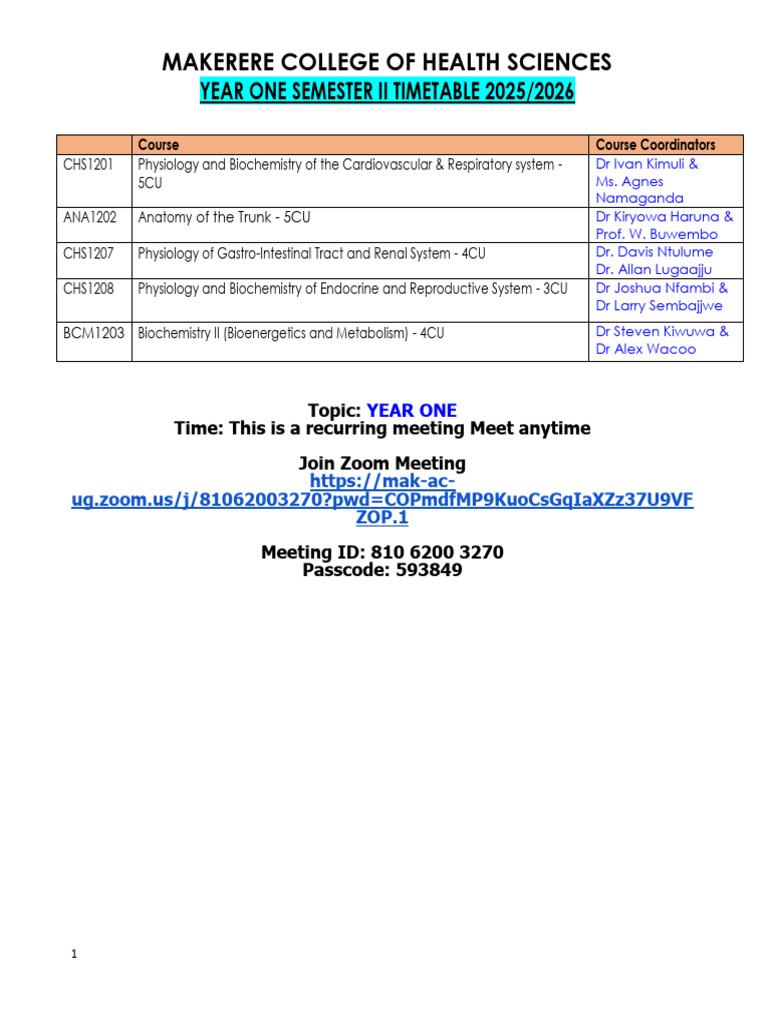 Year 1 Semester 2 Time Table - 2025-2026 REVISED | PDF