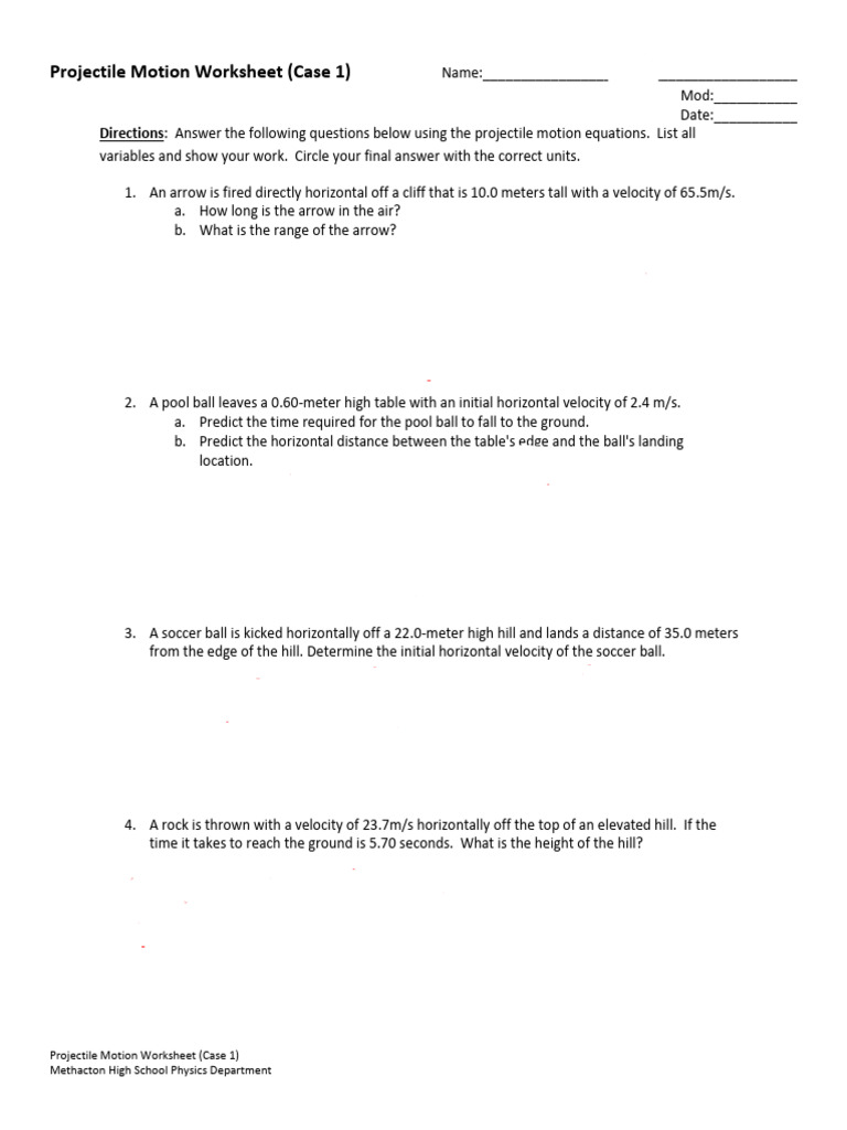 Projectile Motion Worksheet - Case 1 Answer Key Copy | PDF ...