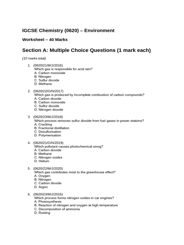 IGCSE Chemistry (0620) - Chem and Environment | PDF | Oxide | Natural Gas