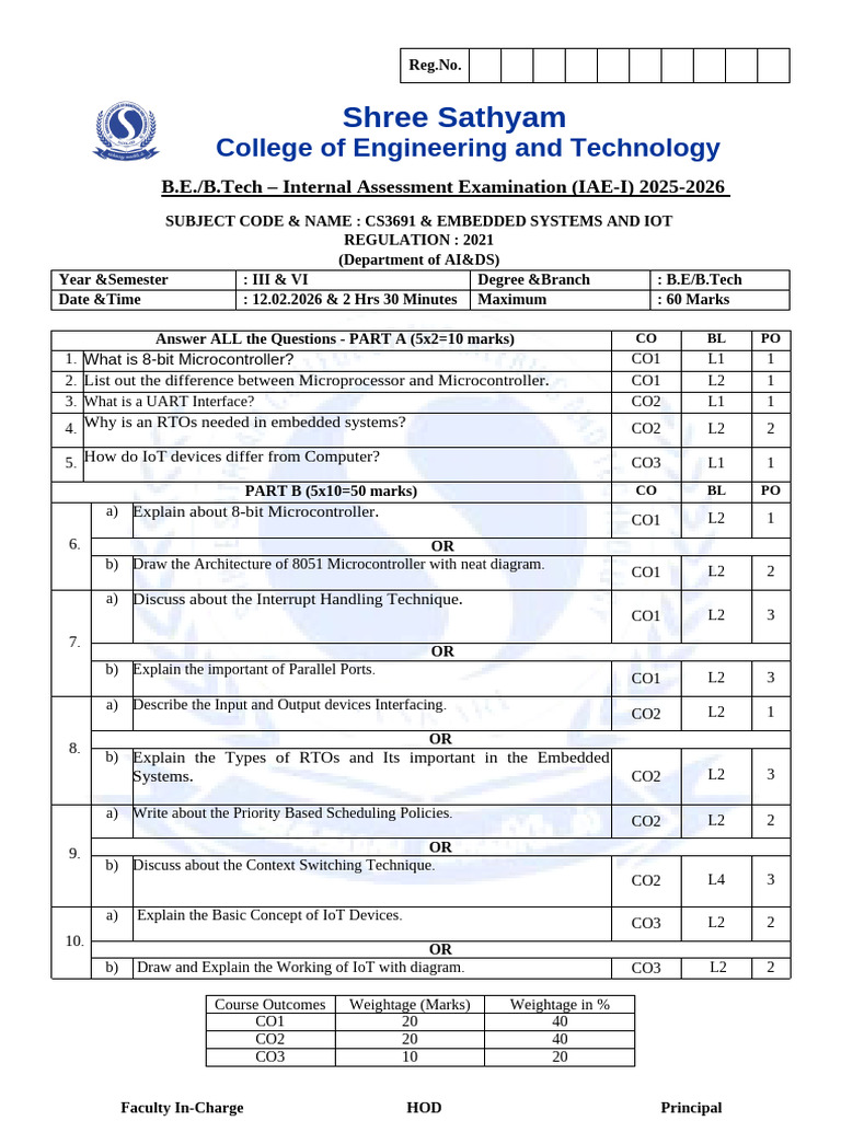 CS3691 IA-I QP -EIOT | PDF | Embedded System | Microcontroller
