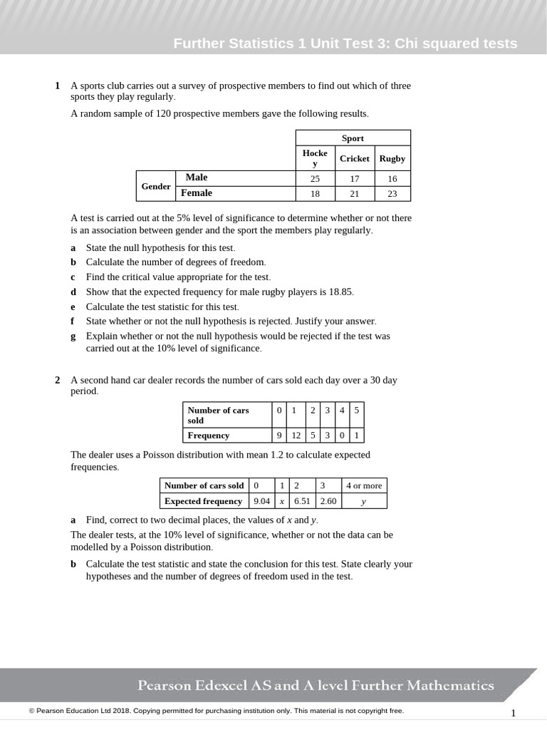 Further Statistics 1 Unit Test 3 Chi Squared Tests | PDF | Chi Squared ...