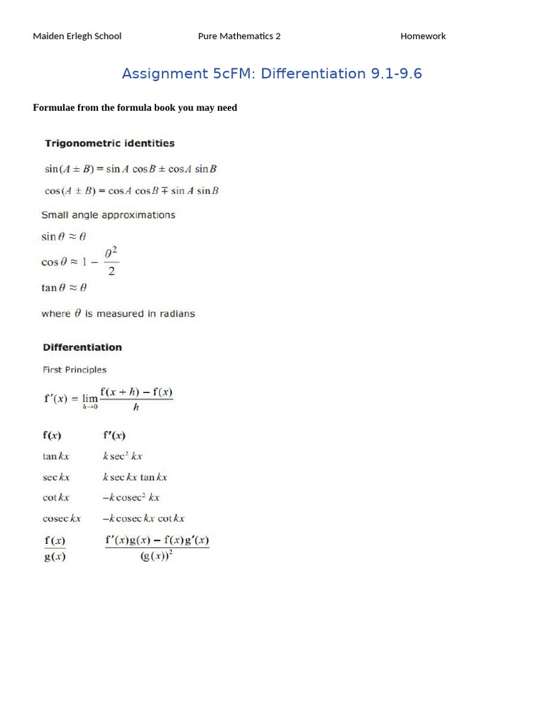 Assignment 5cfm Differentiation 9.1- 9.6 WRITE On | PDF