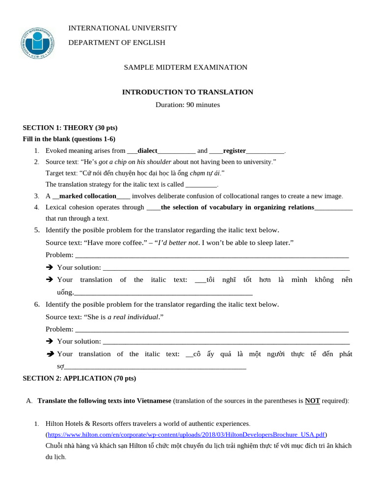 Introduction to Translation - Sample Test Paper - Sem1 2023 | PDF