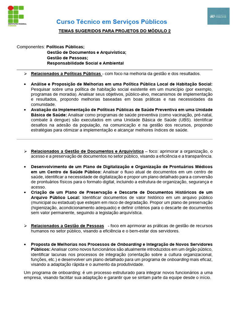 10 Temas - Sugestões para Projetos Do Módulo 2 | PDF | Gestão de ...
