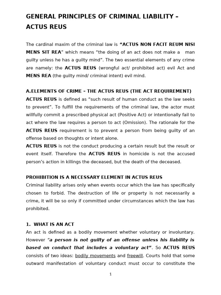 General Principles of Criminal Liability - Actus Reus | PDF | Mens Rea ...
